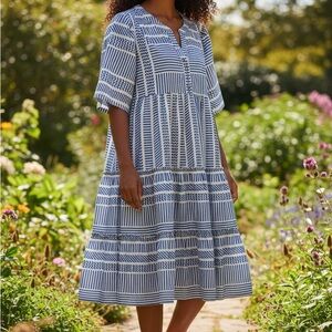 Grace+Karma Blue White Midi Striped Tiered Lined Puff Sleeves Dress Sz L NWT